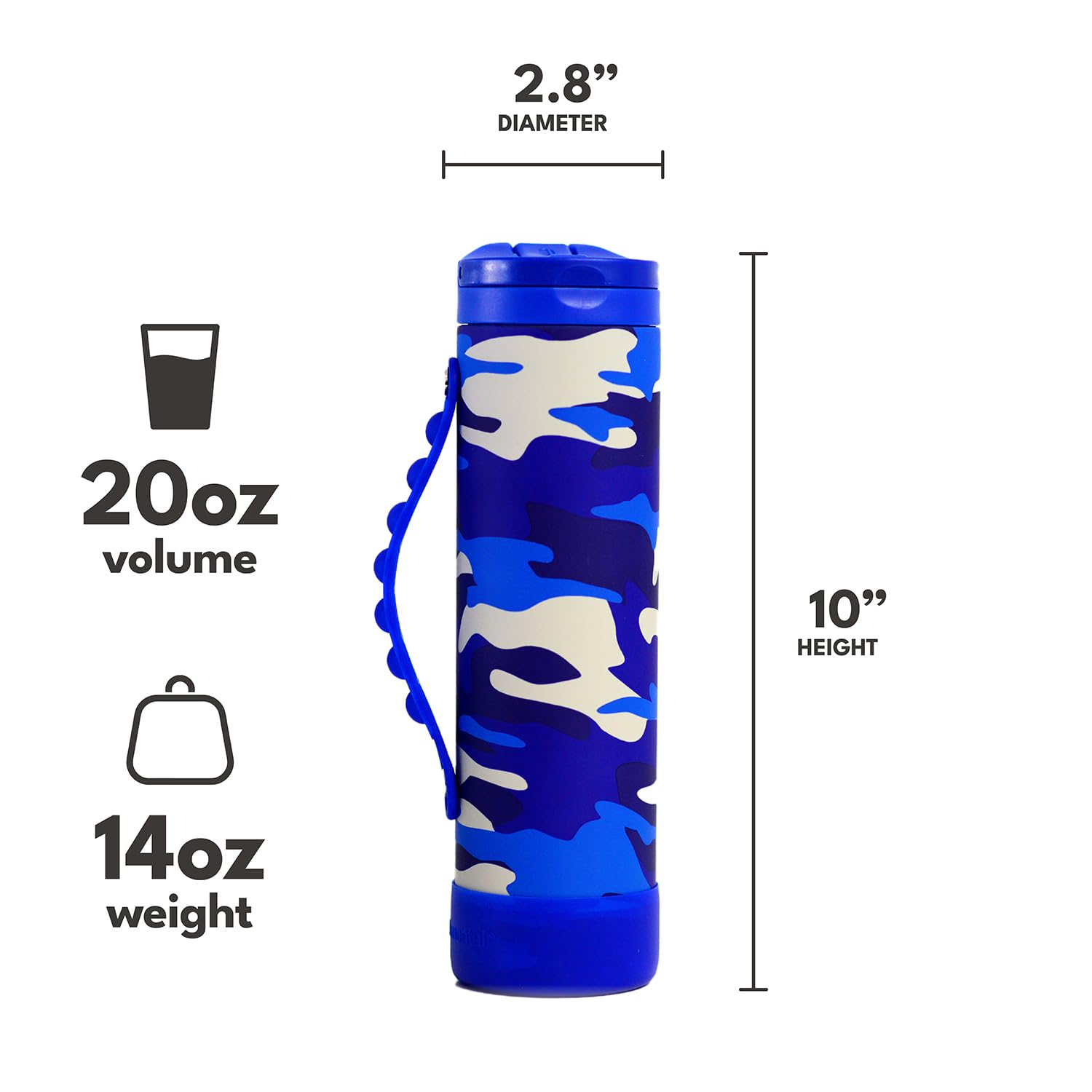 Elemental Iconic Kids Water Bottle with Straw Lid & Stress Reliever Pop It Handle, Leak-Proof When Closed, Triple Insulated Stainless Steel Reusable Thermos Water Bottle, 20oz - Blue Camo