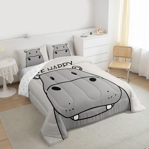 jejeloiu Kids Hippo Bedding Set Twin Size Cute Hippopotamus Comforter Set Be Happy Quote Comforter Boys Girls Teens Ultra Soft Cartoon Grey