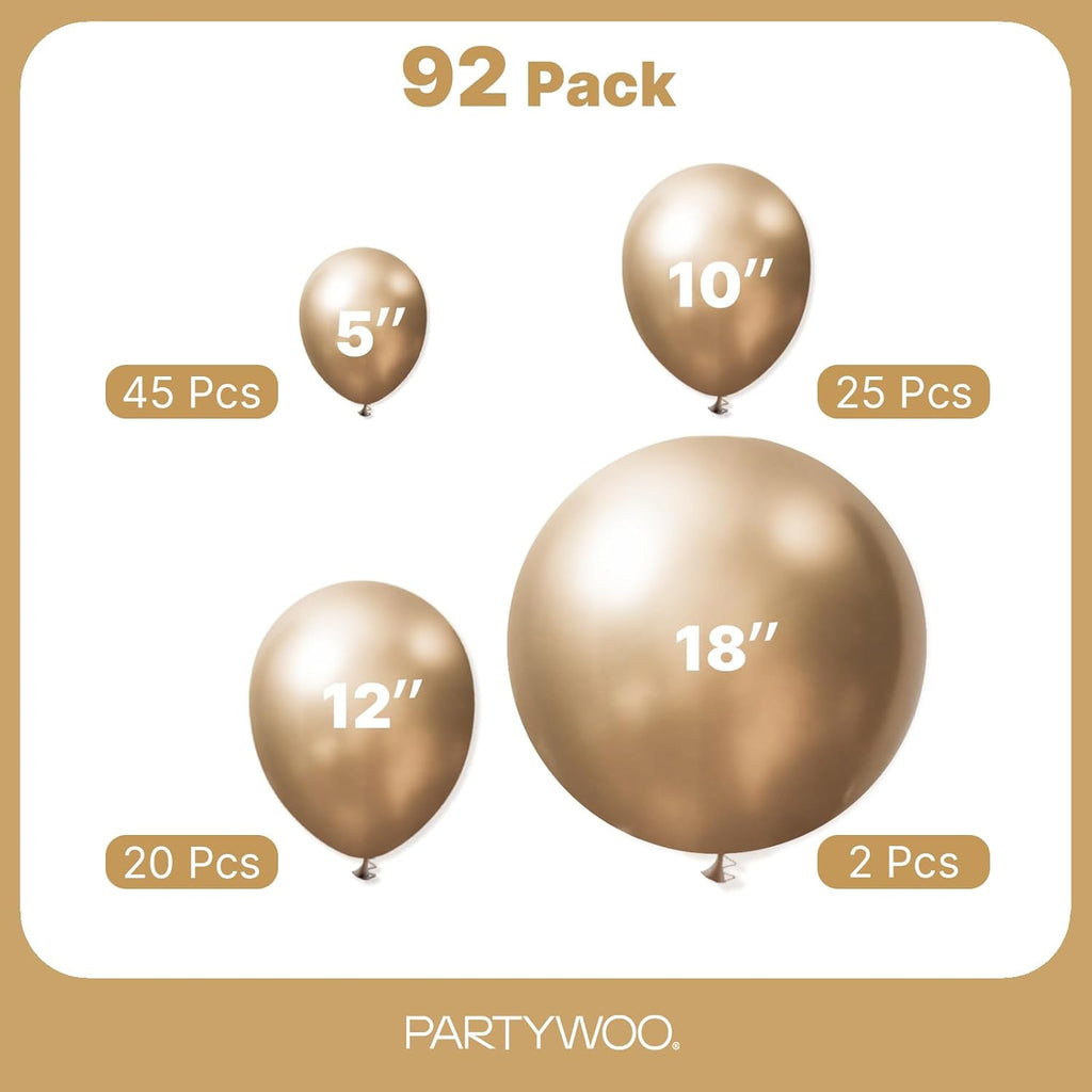 PartyWoo Metallic Gold Balloons - 92-Piece Chrome Gold Balloon Arch Kit for Celebrations | 18", 12", 10", 5" Sizes