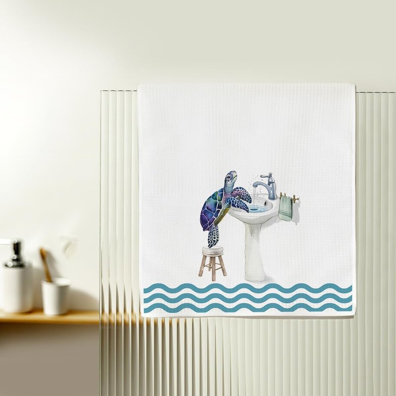 XFN 3 Pcs Sea Turtle Hand Towels for Bathrooms 24x14 Inch, Toilet Bowl Bathtub Microfiber Kitchen Towels, Tortoise Waffle Weave Hand Tea Towel for Home Bathroom Decor, Sea Turtle Gifts for Women