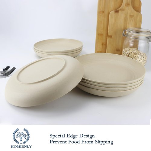 Homienly Deep Dinner Set of 12 - Alternative for Plastic, Microwave and Dishwasher Safe Wheat Straw Plates for Kitchen, Unbreakable Kids (Beige, 10 Inch)