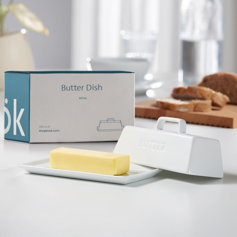 Kook Ceramic Butter Dish with Lid, Kitchen Countertop Butter Keeper, Serving Tray with Cover, Storage Container, Holds 1 Stick, Microwave and Dishwasher Safe, White