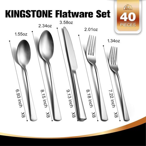 KINGSTONE 40-Piece Silverware Set for 8 | Forged 18/10 Stainless Steel Flatware, Dishwasher Safe