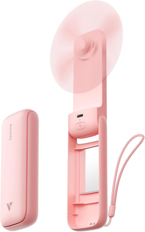 Aecooly Slim Portable Fan - USB Rechargeable Mini Handheld Fan with Mirror | 24H Max Cooling Time - Pink