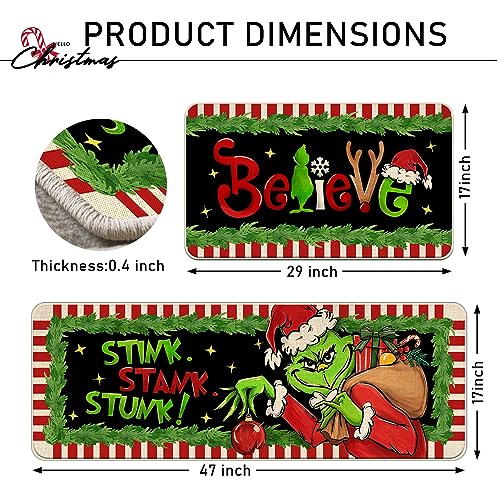 Green Believe Christmas Kitchen Rugs Set of 2 - Non-Slip Holiday Doormats