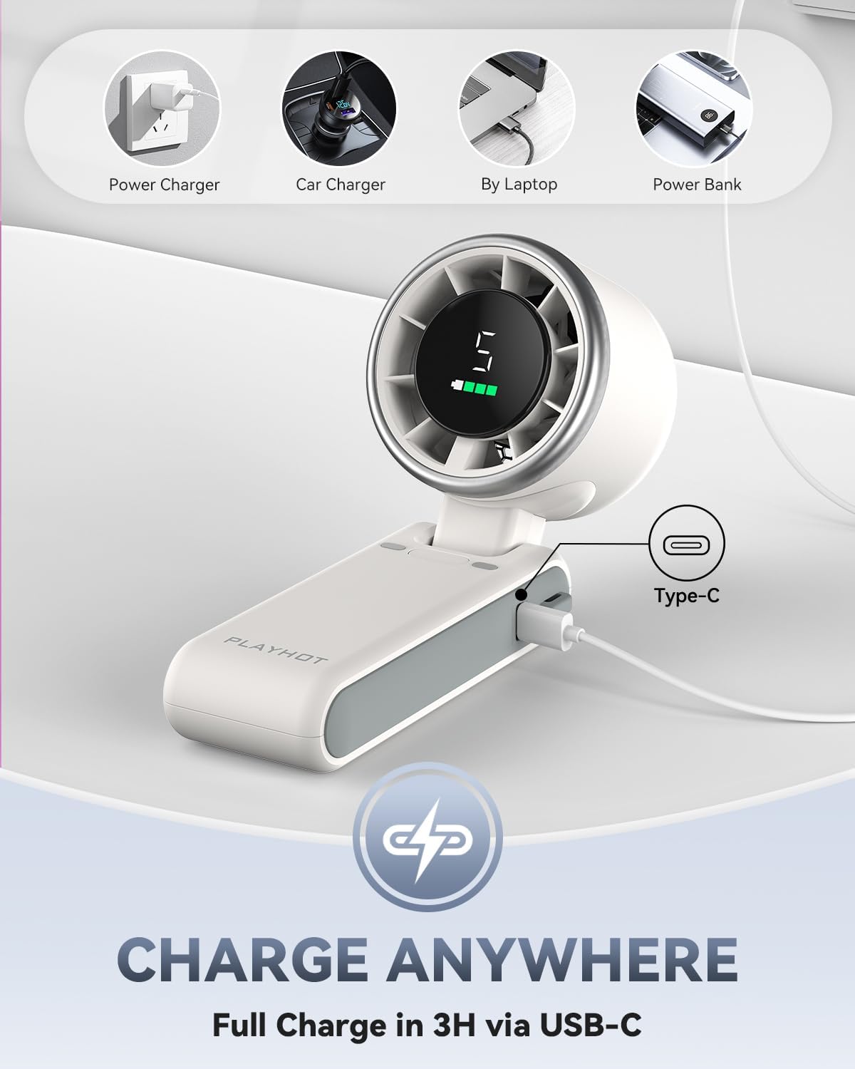 PlayHot Portable Handheld Turbo Fan - 5-Speed Battery Operated Cooling Fan for Outdoor Use | White