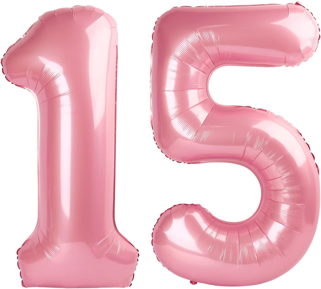 Pastel Pink 15th Birthday Balloons - 40 Inch Big Foil Number Decorations for Weddings & Anniversaries