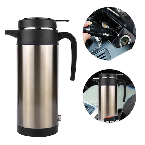 Acouto 12V Car Electric Kettle 1000ML Stainless Steel Car Electric In-car Kettle Travel Thermoses Heating Water Bottle Heating Cup