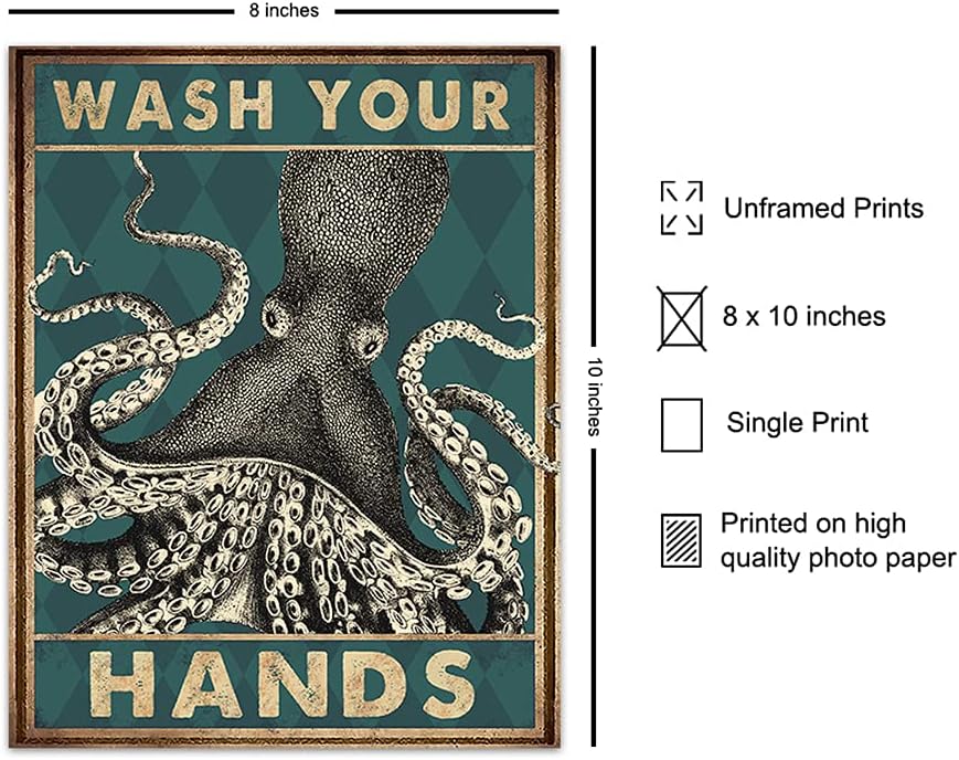 Octopus Nautical Bathroom Wall Art - Funny Beach Decor | Unique Wash Your Hands Sign - Cute Restroom Artwork