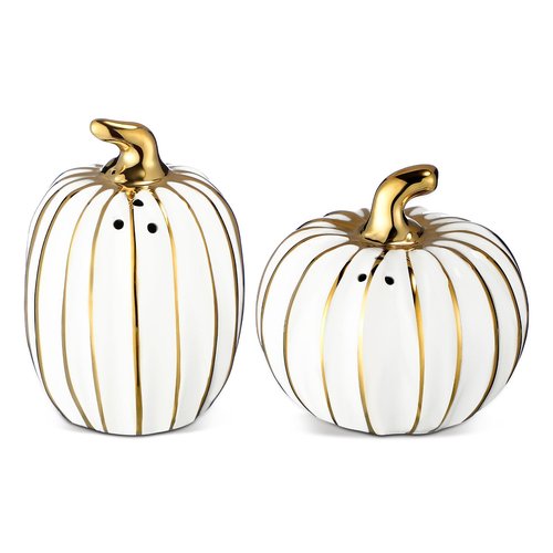 RimCereal 2 Pcs Fall Pumpkin Shaped Salt and Pepper Shakers 3 Inch Ceramic Salt and Pepper Shakers Set for Holiday Home Indoor Kitchen Decorations(White and Gold)