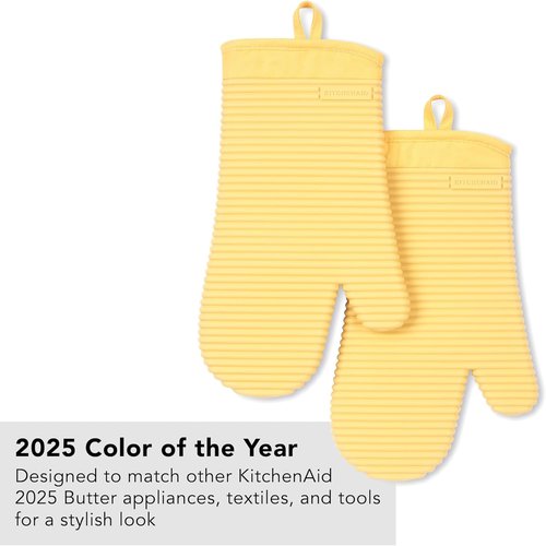 KitchenAid Ribbed Soft Silicone Oven Mitts - 2-Pack Set in Butter Yellow | 7.5"x13" Size
