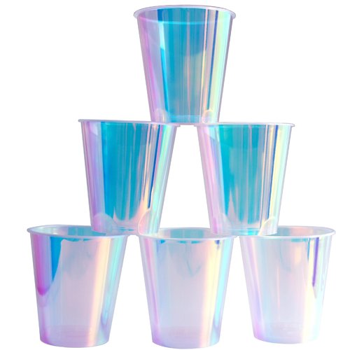 MnhoMnrn 25 Pcs Iridescent Clear Plastic Cups 12oz Fancy Thick Neon Disposable Drinking Cups Cute Glitter Holographic Hard Plastic Cup for Party Decoration (Clear)