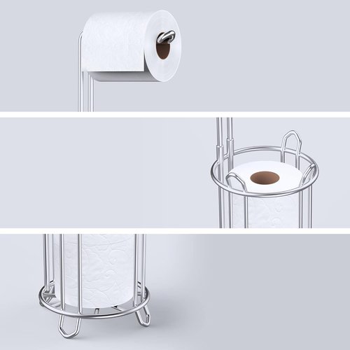 Meangood Toilet Paper Holder Stand - Free Standing Tissue Roll Dispenser for 4 Mega Rolls | Metal Wire Silver