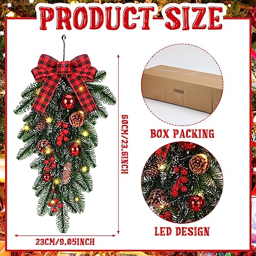 3 Pcs 24-Inch Lighted Christmas Teardrop Swags with Pine Cones & Berries