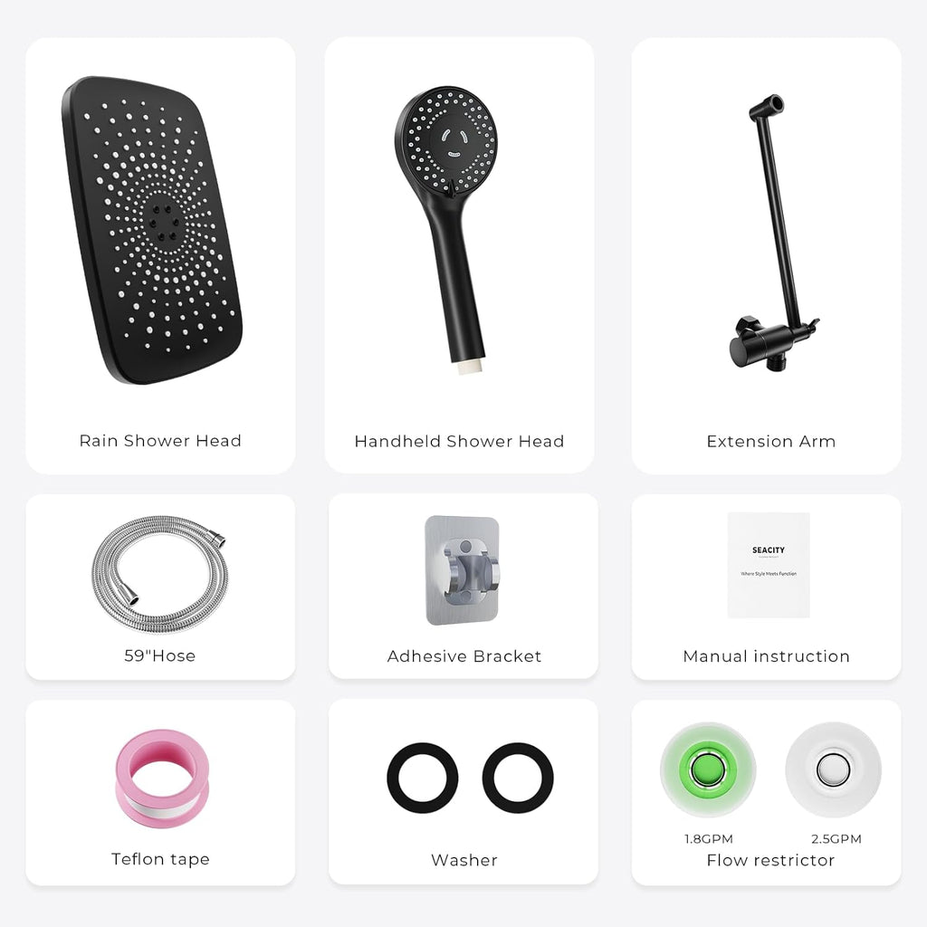 Skiennix Wide Rain Shower Head - 5 Modes Handheld Showerhead Combo with High Pressure | Adjustable Black Design
