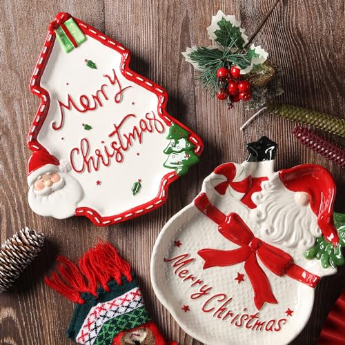 Christmas Ceramic Snack Platters Set with Santa & Tree Design, 10.3 Inch Food Serving Dishes