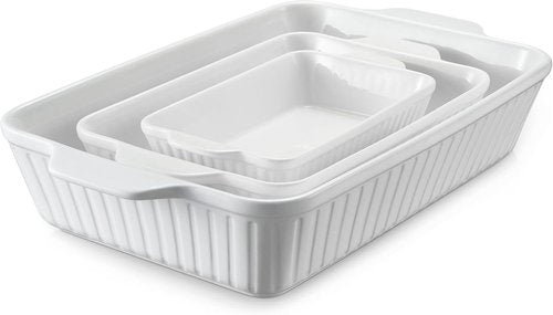 DOWAN Casserole Dishes Set - Ceramic Bakeware for Oven | 3-Piece Lasagna Pan Set in Soft White (15.6''/12.2''/8.9'')