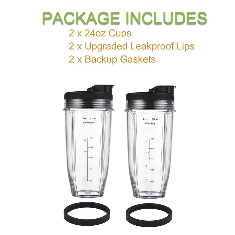 Replacement 24oz Cups for Nutri Ninja Blenders, Blender Replacement Parts with Upgraded Lid for BL450 BL454 BL480 BL482 BL640 BL642 BL682 BN801 SS101 SS351 SS401, Ninja Blender Auto IQ Blade, 2 Packs