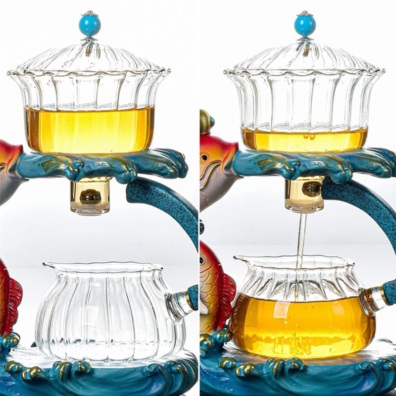 MOZEO Creative Full Semi-automatic Tea Set Glass Lazy Kung Fu Teacup set Heat-resistant Tea Maker Pot Teapot (Fish Teapot)