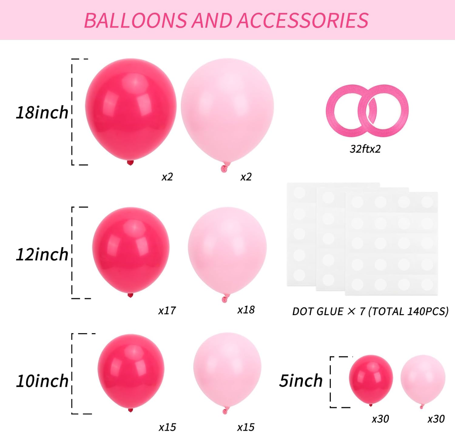 RUBFAC Balloon Garland Kit - 129pcs Latex Balloons in Baby Pink & Hot Pink | Perfect for Birthdays, Weddings, Baby Showers