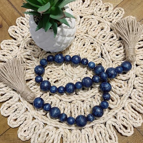32-Inch Rustic Blue Wooden Bead Garland with Tassel, Boho Farmhouse Decor