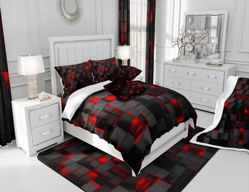 Feelyou Red and Black Bedding Set Queen Size Light Geometric Comforter Set for Kids Boys Girls Decor Comforter Modern Duvet Set