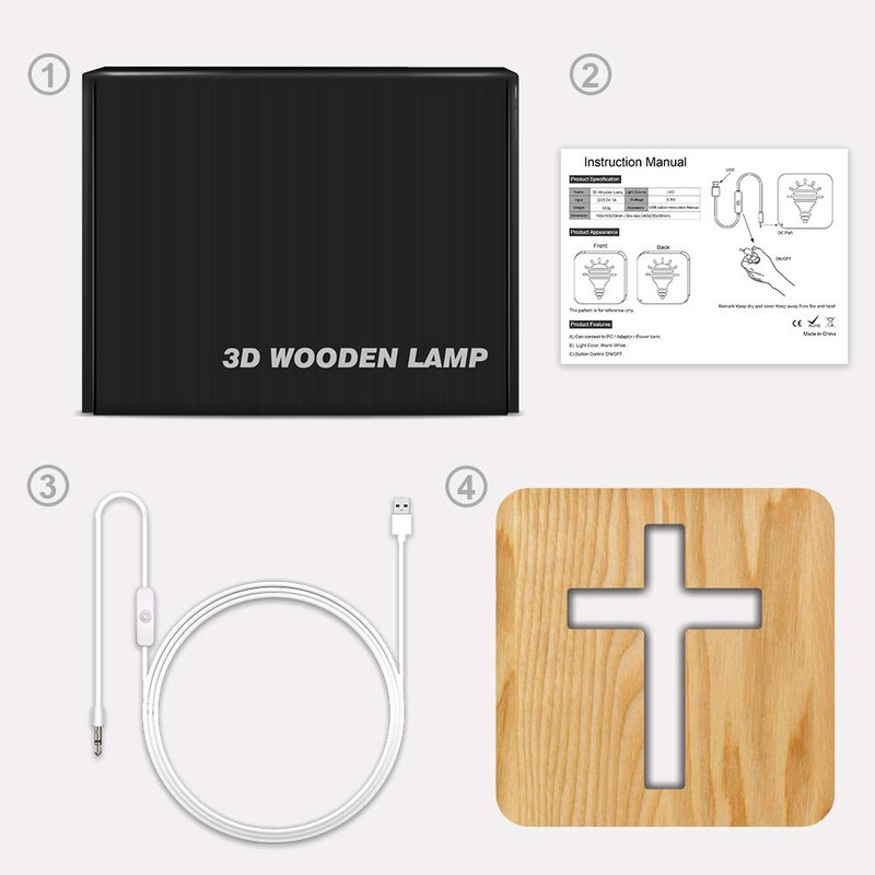 Lampeez Jesus Cross Wooden Lamp Novelty Night Light 3D Illusion lamp for Kids, Kids Decoration Lamp USB Power Bedroom Decor Xmas Holiday Christian Birthday Gifts for Boy Girl