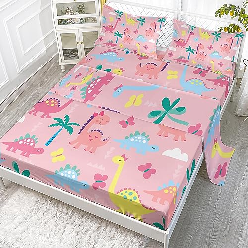 Axolotl Pink Twin Dinosaur Bedding Set - 4Pcs Kids Sheet Set with Fitted & Flat Sheets + Pillowcases