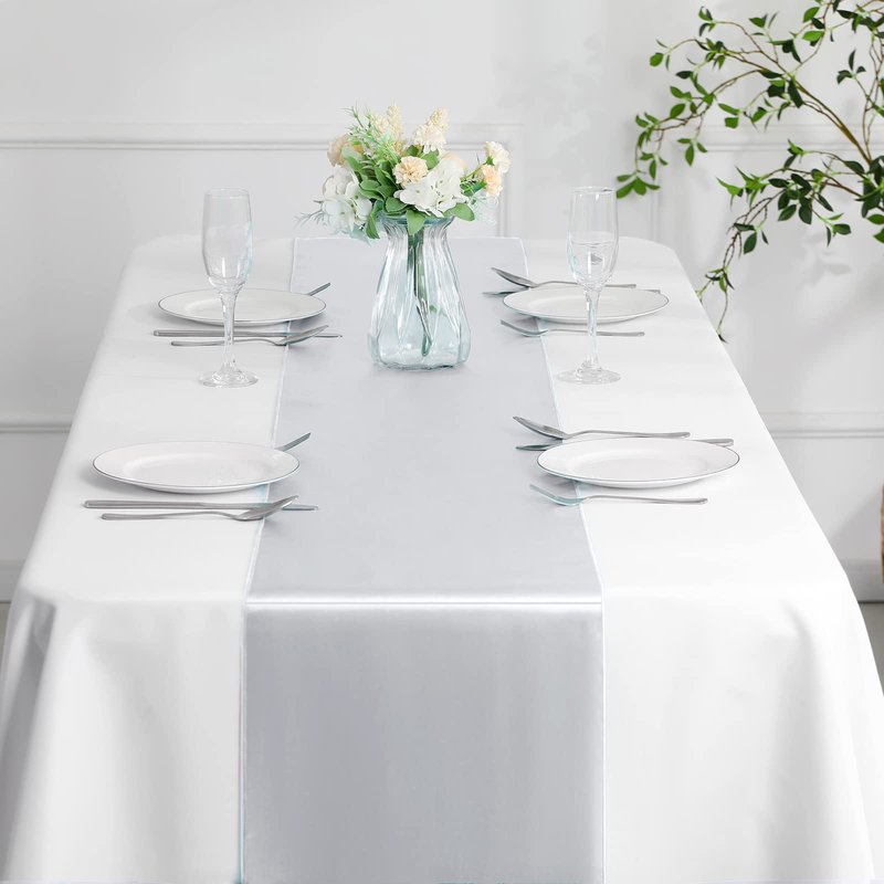 Manyshofu 12Pcs Satin Silver Table Runner - 12 x 108 Inch Long Size, Party Table Runner Decor Bright & Smooth Wedding Decorations Runners for Banquet Chef Birthday Buffet Dinner Graduations