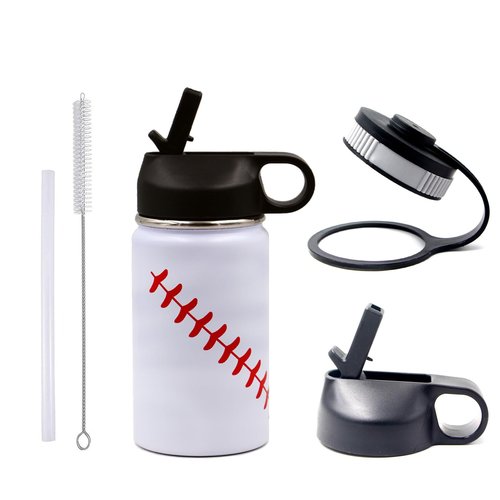 12 oz Baseball Water Bottle, Sports Flask Metal Travel Tumbler with 2 Lids, Stainless Steel Double Wall Vacuum Insulated Leak Proof Thermo Water Bottles, Baseball Accessories Gifts for Mom Boys Girls