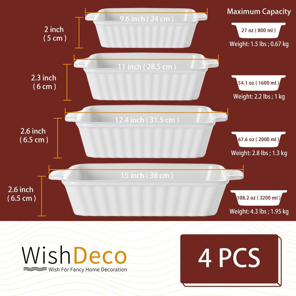 WishDeco Ceramic Casserole Dishes Set - 4-Piece White Porcelain Bakeware for Oven & Microwave | Rectangular Lasagna Pans with Handles (15''/12.4''/11''/9.6'')