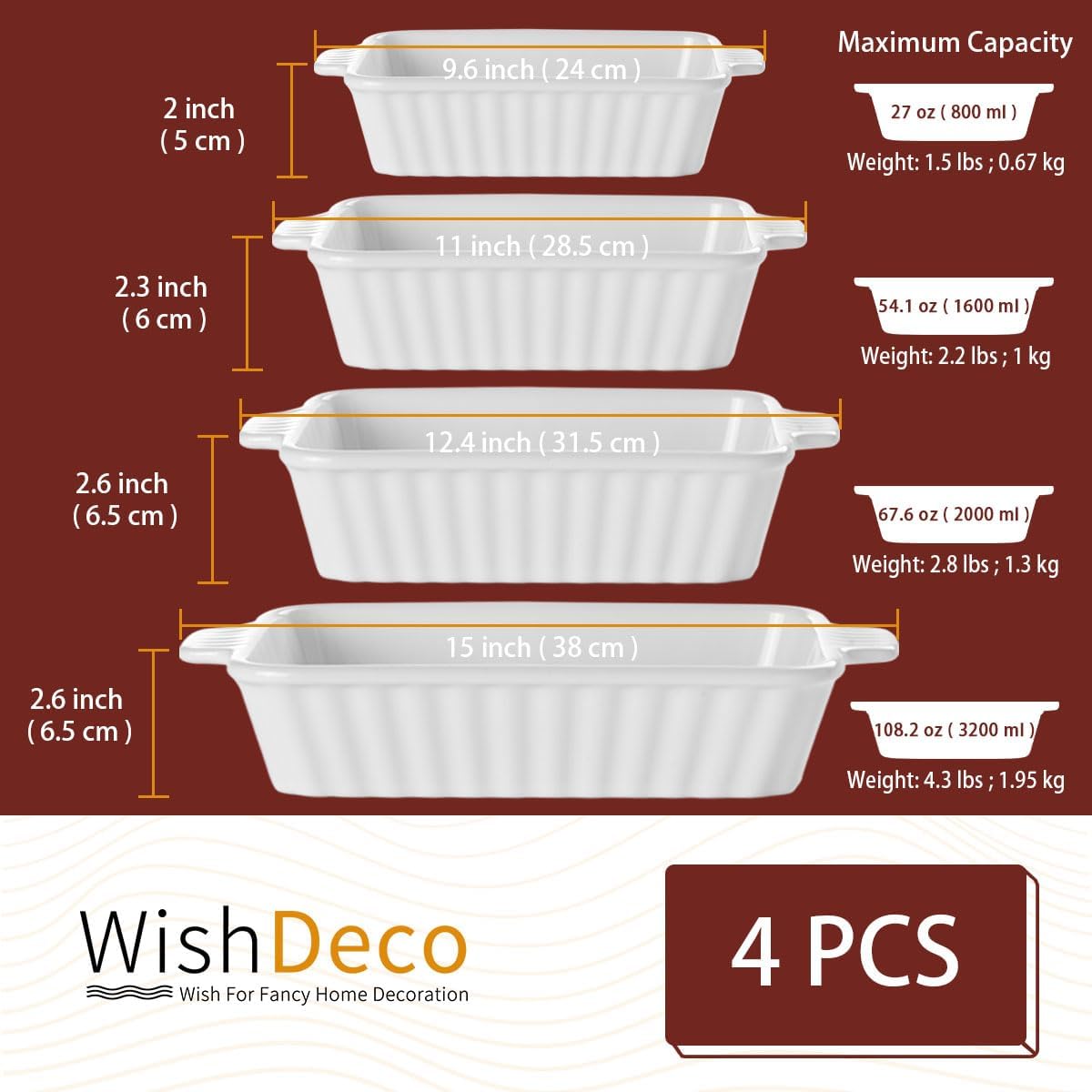 WishDeco Ceramic Casserole Dishes Set - 4-Piece White Porcelain Bakeware for Oven & Microwave | Rectangular Lasagna Pans with Handles (15''/12.4''/11''/9.6'')