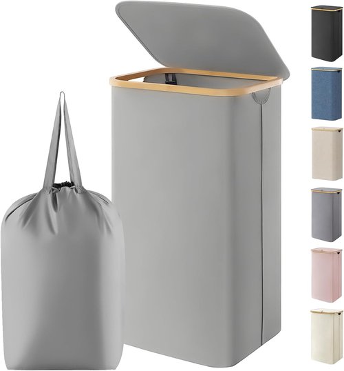 Lifewit 100L Laundry Basket - Foldable Hamper with Lid & Bamboo Handles | Silver Grey