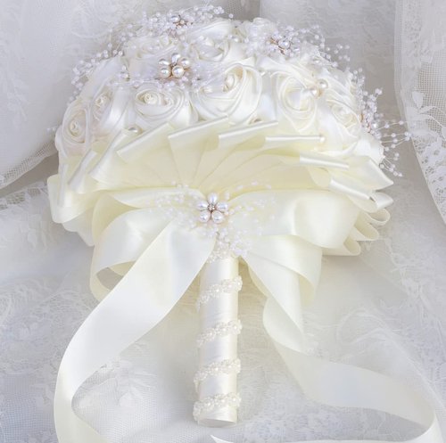 Gkvszy Ivory Bridal Wedding Bouquet Handmade with Rhinestone Pearl Ribbon Satin Rose Flower Bouquet for Bride Bridesmaid Quinceanera Bouquet Wedding Ivory 8.7in