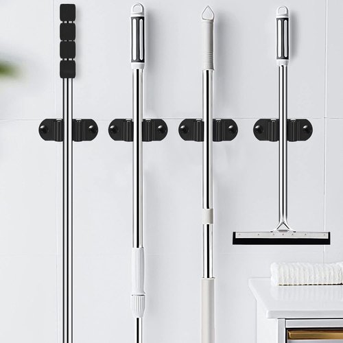 HYRIXDIRECT Heavy-Duty Wall-Mounted Mop & Broom Holder - Stainless Steel Organizer for Home & Garage (Black)