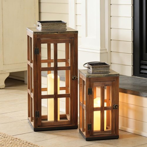 DECORKEY Rustic Wooden & Metal Lantern Set of 2 - 28''/20'' H Decorative Indoor/Outdoor Candle Holders