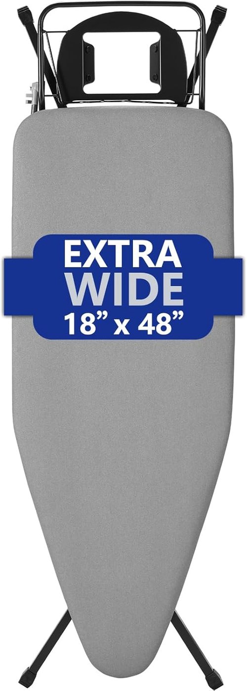 BKTD Extra-Wide Ironing Board - 48"×18" Large Surface with Built-In Clothes Rack & Adjustable Height - Black Grey