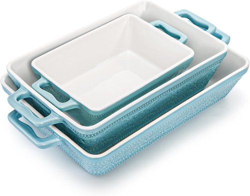 Hacaroa Ceramic Baking Dishes Set - Elegant Rectangular Bakeware with Handles | Lake Blue, 3 Sizes