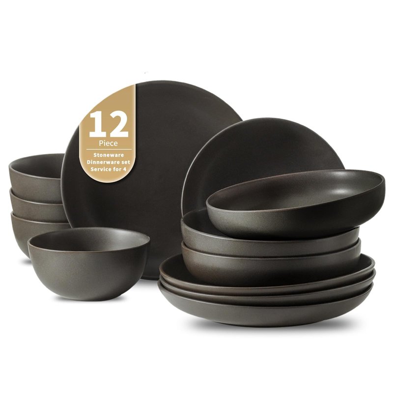 Tikooere Plates and Bowls Sets, 12-Pieces Stoneware Dinnerware Set Ceramic, Matte Black Dishes Set for 4, Scratch Resistant, Microwave and Dishwasher Safe Tableware, Porcelain