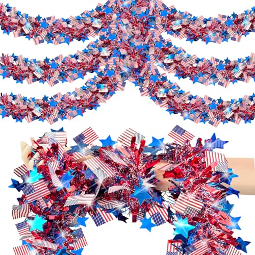 50ft Patriotic Red White & Blue Metallic Tinsel Garland with Stars