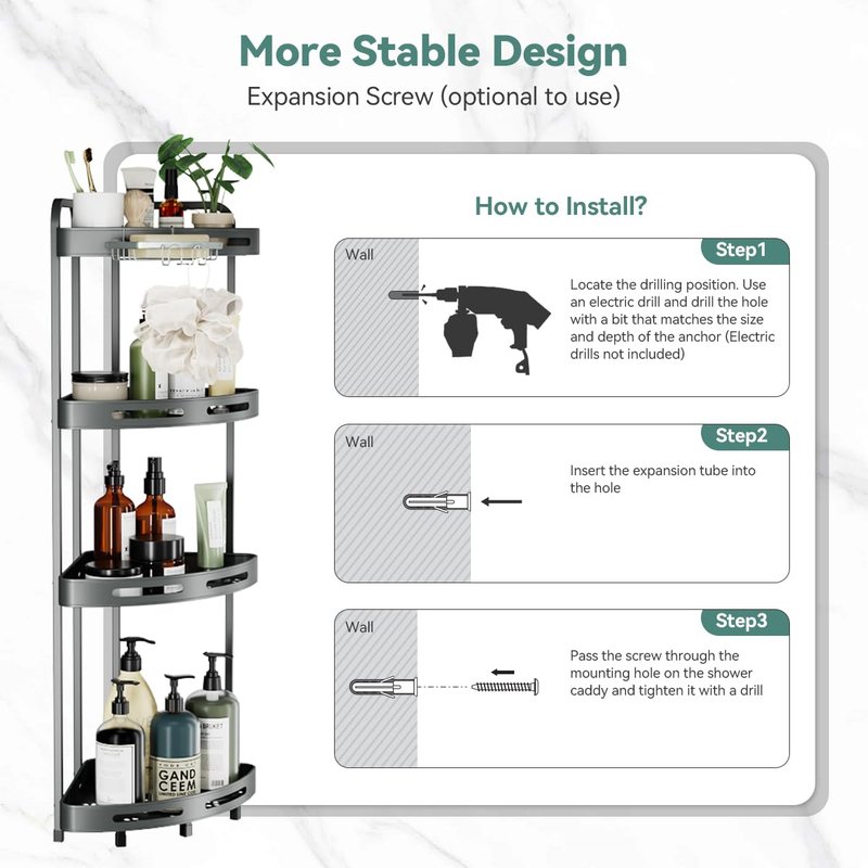Binecer Corner Shower Caddy Stand, 4 Tier Standing Shower Organizer with Soap Holder, Rustproof Shower Shelves for Bathroom Shampoo Storage, Grey