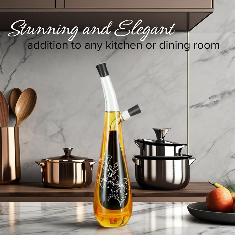 wishamotherwould Oil and Vinegar Dispenser Bottle - Handblown Glass with Elegant Floral Etched Design - Premium Glass Salad Dressing Bottle - Olive Oil and Vinegar Dispenser Set - 12 oz