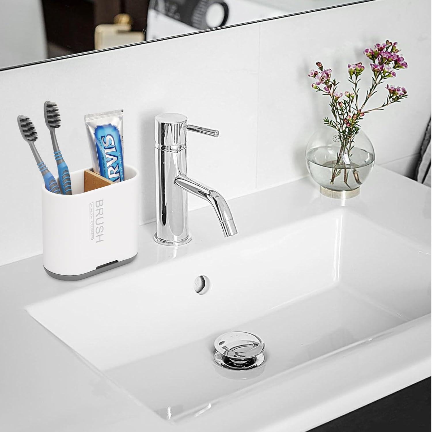Skiennix Toothbrush Holder - Bamboo Divider Bathroom Organizer with 2 Slots | Easy Clean & Drainage - White