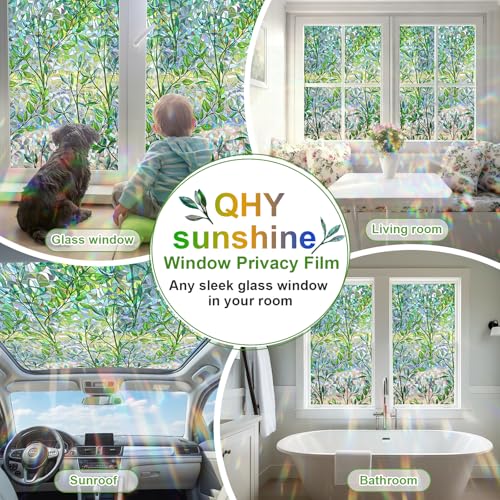 Rainbow Leaf Window Privacy Film - Non-Adhesive Decorative Clings (17.5 x 78.7 in)