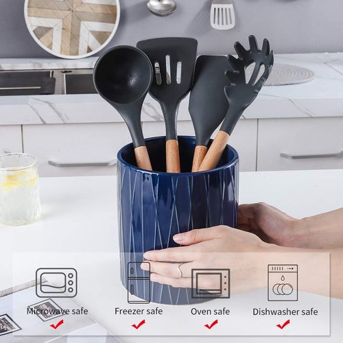 KOOV Kitchen Utensil Holder, Large Ceramic Utensil Crock, Deep and Stable, Containers for Household or Kitchen Use (Aegean)