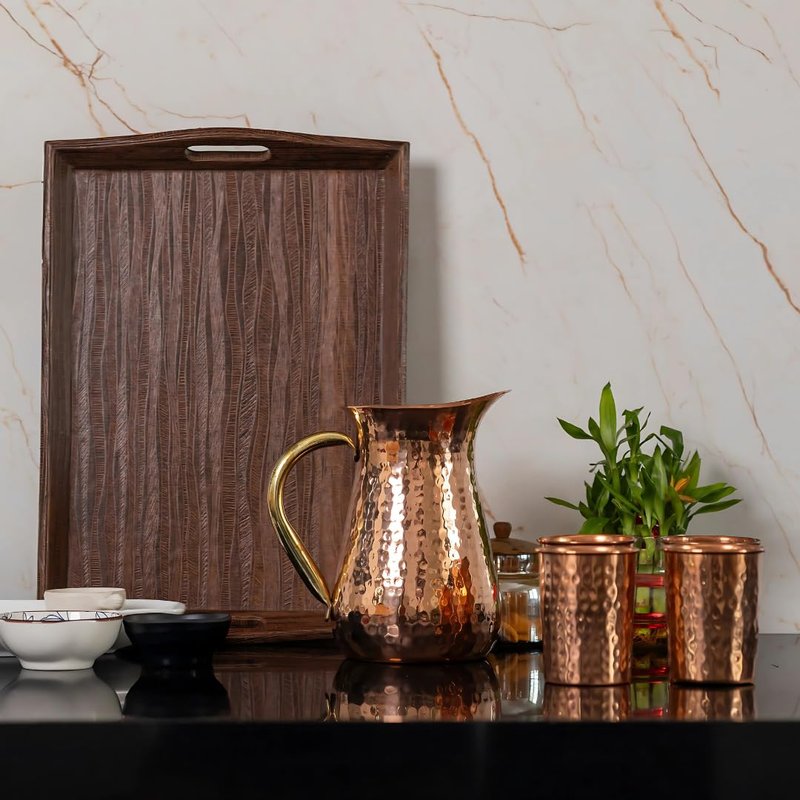 POSHGRAM Copper Pitcher Handcrafted Excellence, Hammered Texture Copper Water Pitcher with Sturdy Handle, Set of 4 Glasses for Everybody, Capacity of jug -1.25 L and Capacity of each glass -250ml