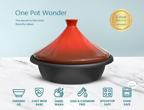 KooK Moroccan Tagine - Enameled Cast Iron Cooking Pot with Ceramic Lid - 3.3 QT in Crimson