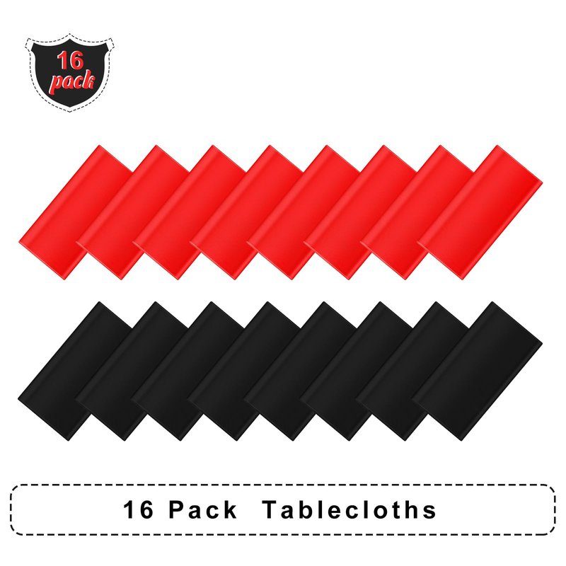 Moukeren 16 Pack Plastic Tablecloths Bulk 54 x 108 Inch Disposable Rectangle Table Covers Waterproof Party Table Cloths for Indoor or Outdoor Events Birthday Party Decor Supplies (Red,Black)