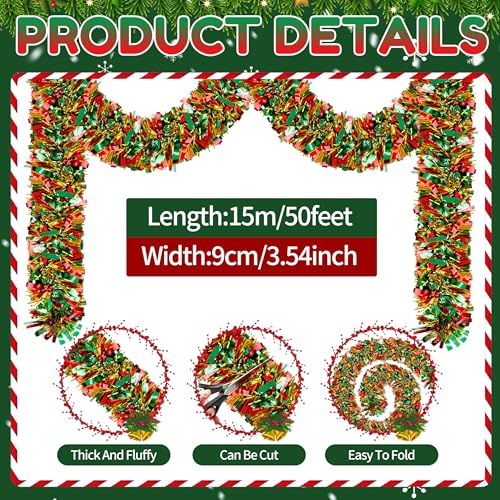 50ft Thick Metallic Christmas Tinsel Garland for Holiday & Party Decor