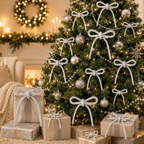 SEWACC Silver Christmas Bows with Clips 12 Pack, Rhinestone Tree Decorations